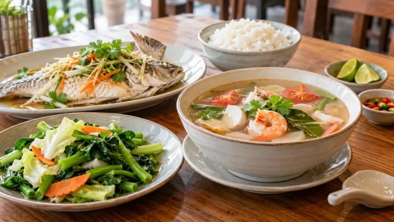 Hidangan tomyam jernih bersama ikan kukus nasi putih dan sayur untuk pilihan yang lebih mesra perut