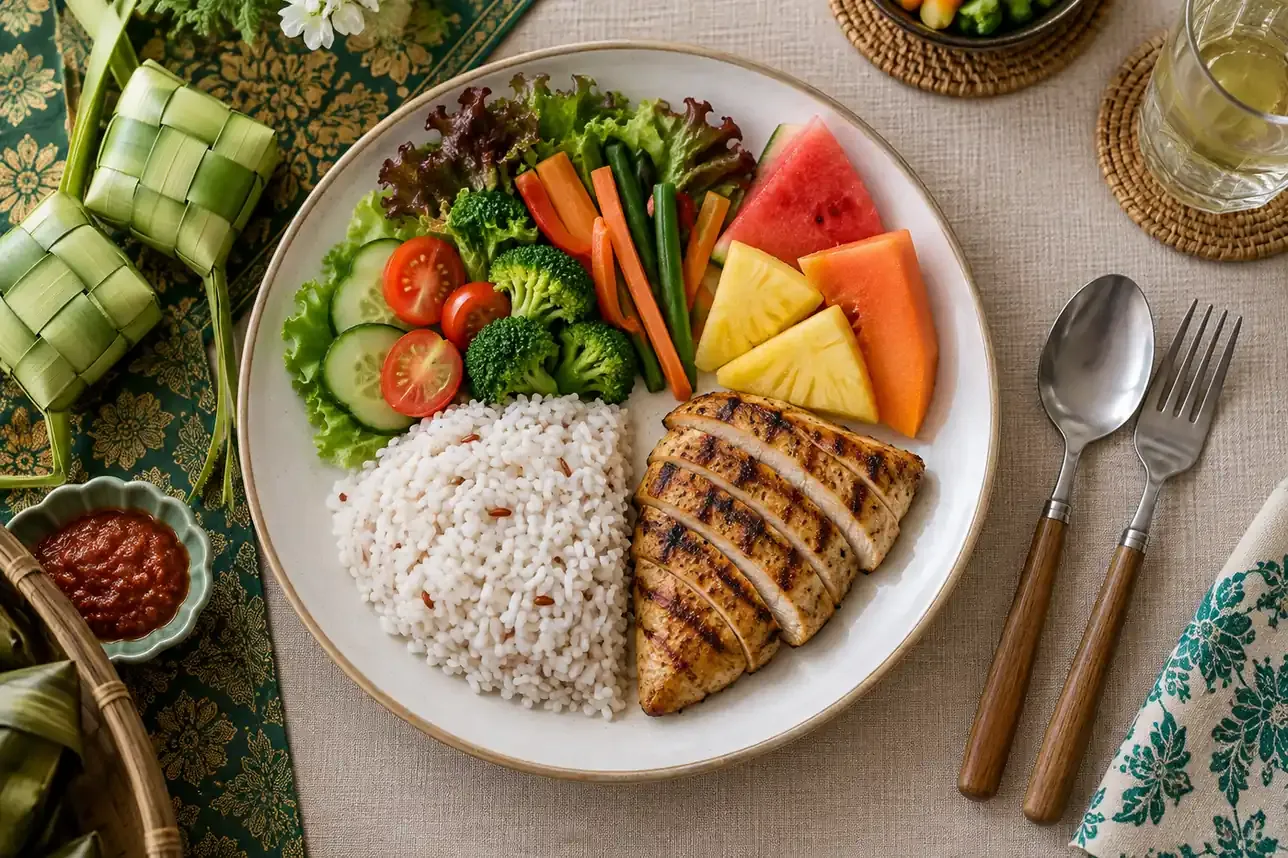 Pinggan seimbang dengan nasi, ayam panggang, sayur-sayuran dan buah-buahan