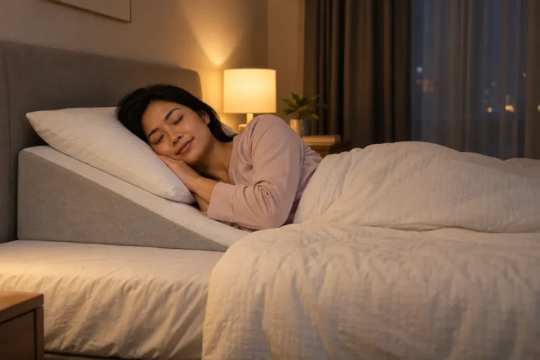 Wanita tidur mengiring dengan bahagian atas badan ditinggikan menggunakan bantal baji