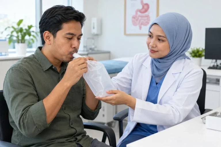 Pesakit menjalani Ujian Pernafasan Urea dengan bantuan petugas kesihatan