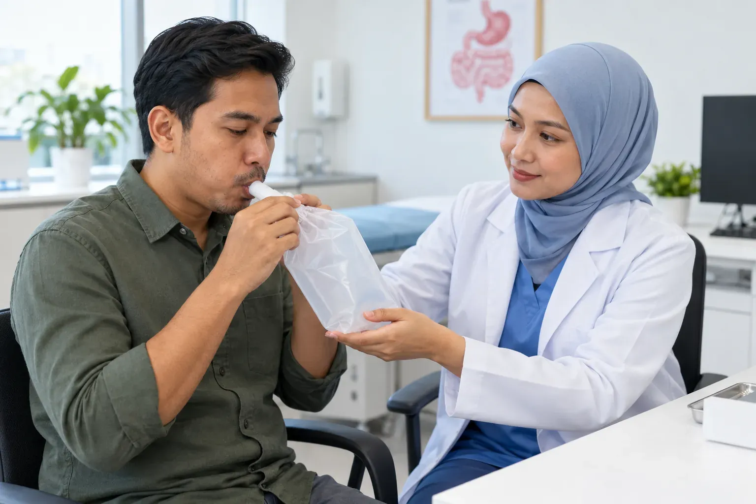 Pesakit menjalani Ujian Pernafasan Urea dengan bantuan petugas kesihatan