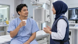 Pesakit berbincang dengan petugas radiologi sebelum menjalani prosedur barium swallow