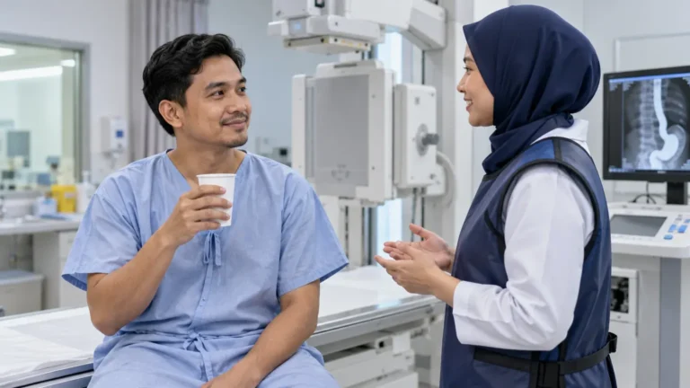Pesakit berbincang dengan petugas radiologi sebelum menjalani prosedur barium swallow