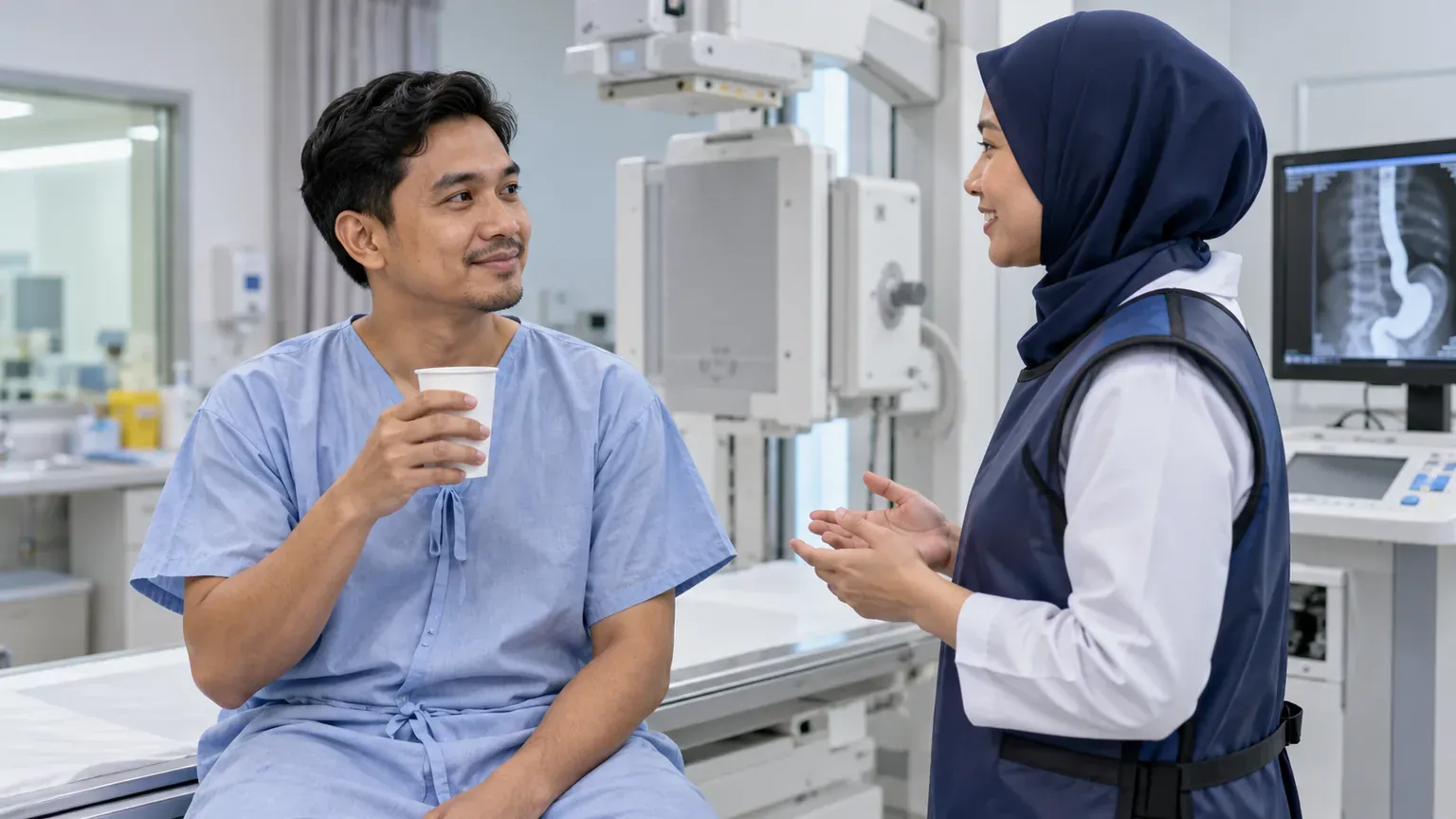 Pesakit berbincang dengan petugas radiologi sebelum menjalani prosedur barium swallow