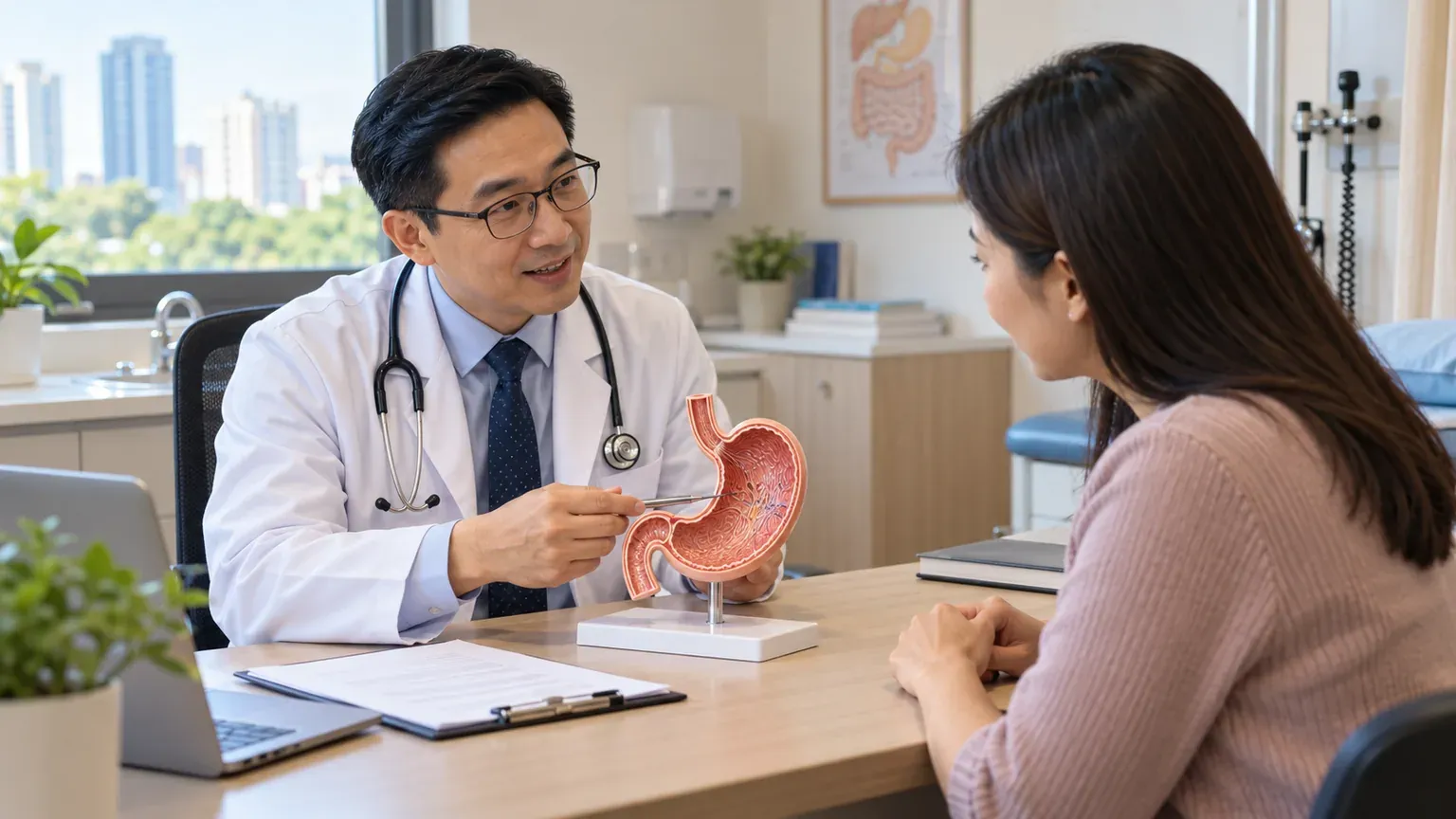 Doktor menerangkan kepentingan rawatan H. pylori menggunakan model perut