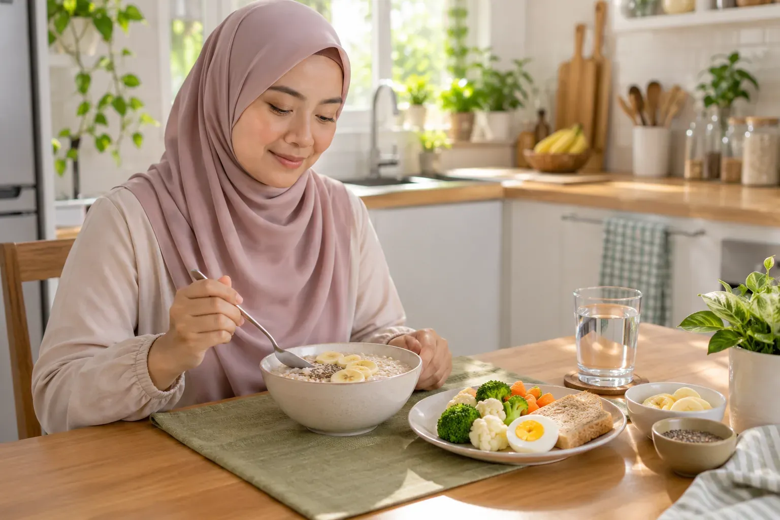 Sarapan ringan dengan oat, pisang, telur rebus dan sayur