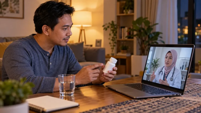 Lelaki menyemak ubat preskripsi bersama doktor melalui konsultasi video