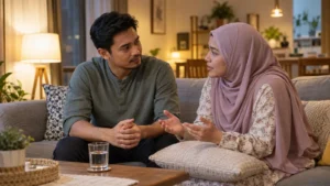 Pasangan berbual dengan tenang tentang GERD, anxiety dan keperluan sokongan emosi