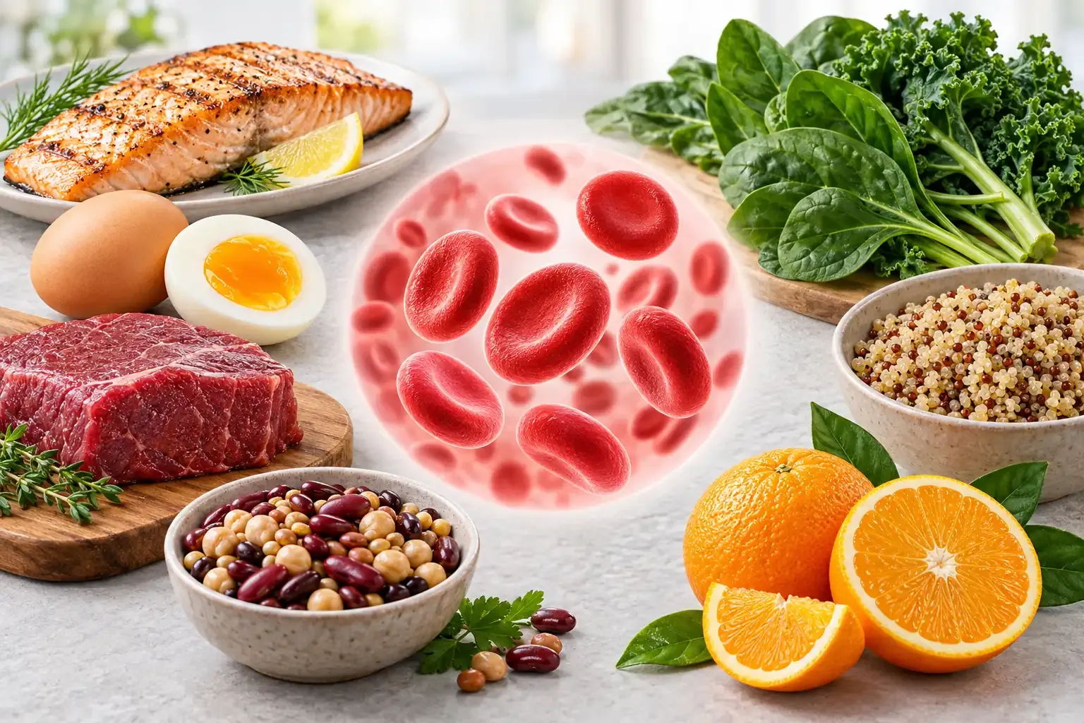 Makanan sumber vitamin B12 dan zat besi bersama ilustrasi sel darah merah