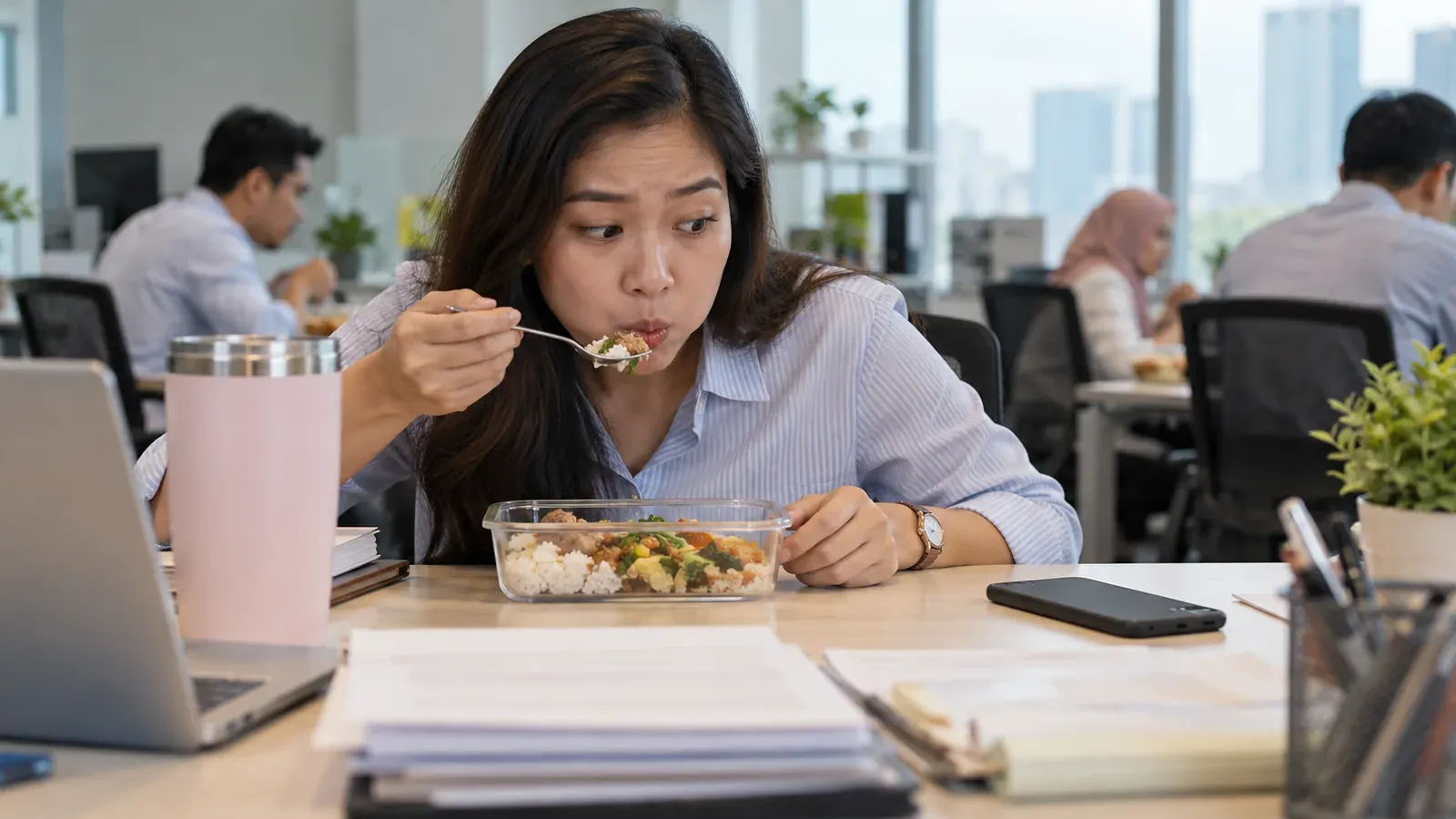 Pekerja pejabat makan dengan tergesa-gesa ketika waktu tengah hari