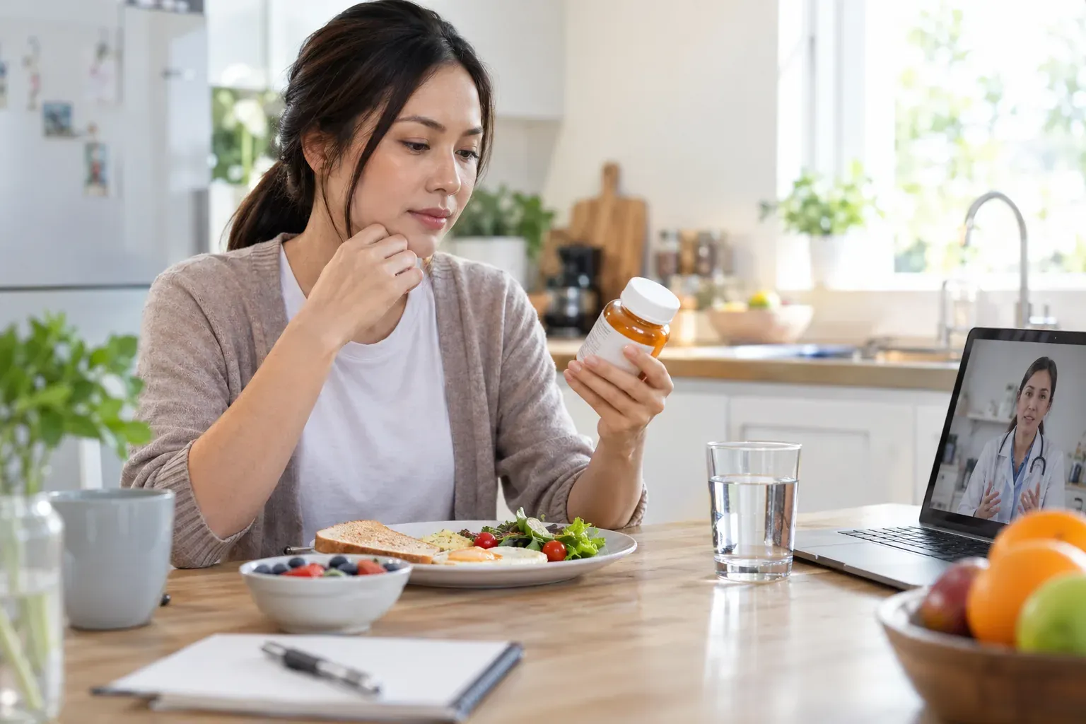 Wanita menyemak label suplemen vitamin C sambil mendapatkan nasihat profesional kesihatan