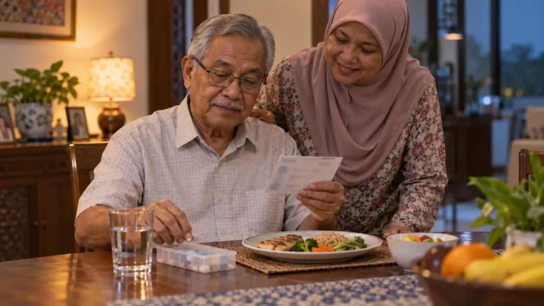 Warga emas Malaysia menikmati hidangan kecil sambil menguruskan jadual ubat dengan sokongan keluarga